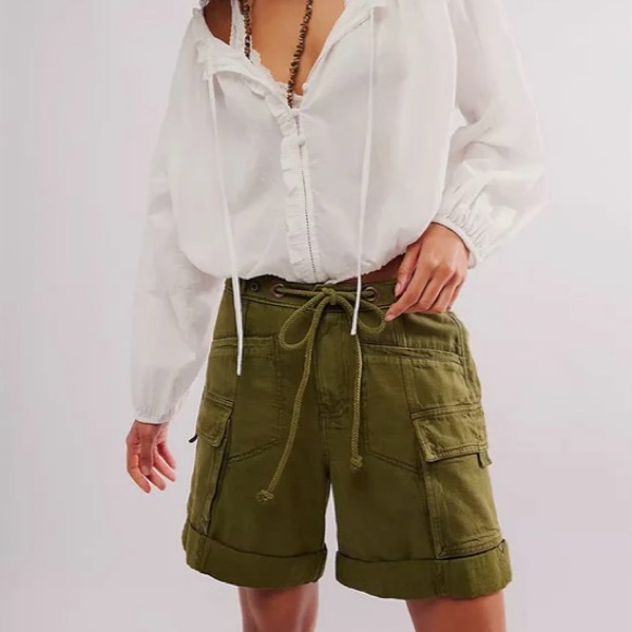 NEW Size Large Free People Frankie Washed Garden Snake Green Slouchy Tie Shorts - Picture 2 of 9